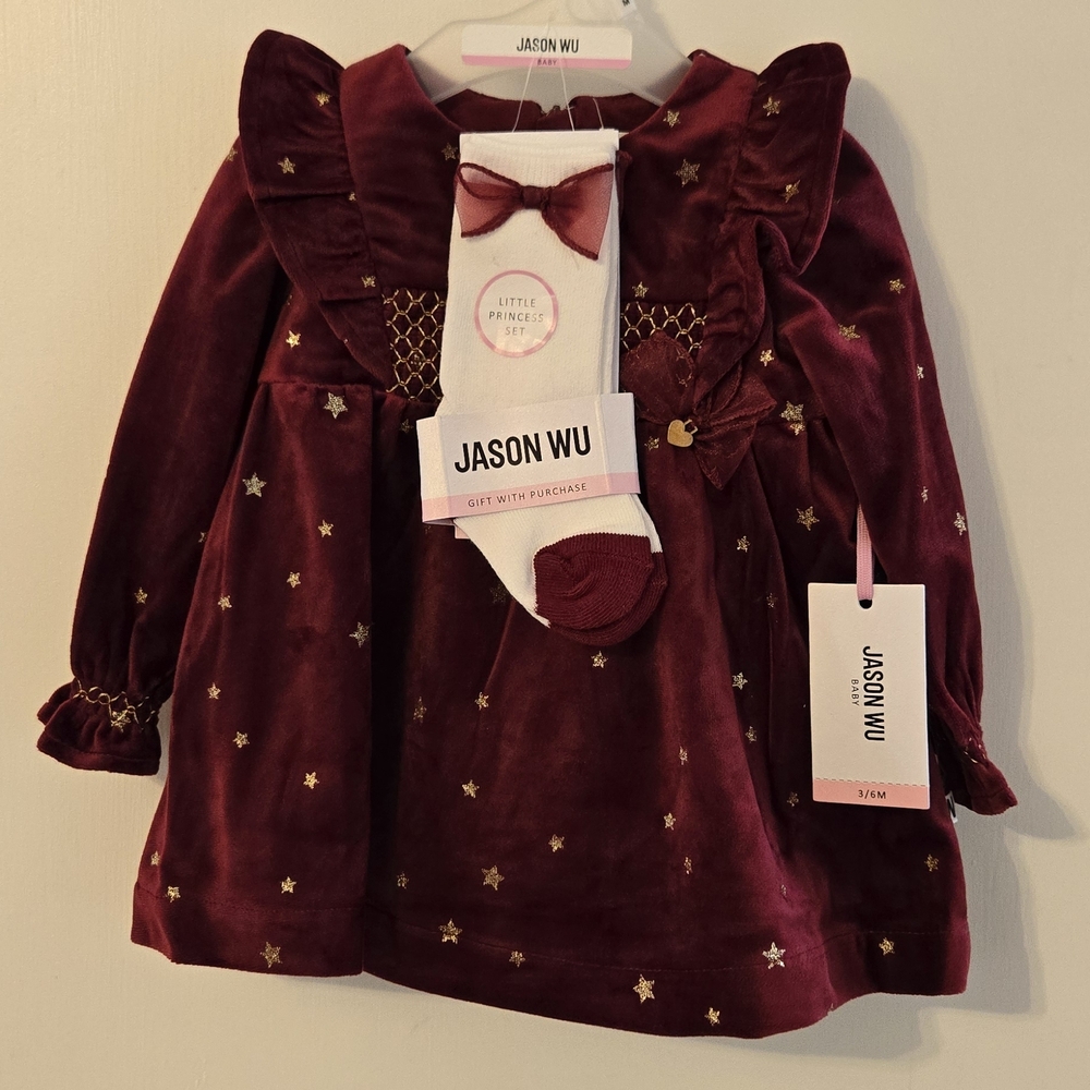 Jason Wu Burgundy Velvet Baby Dress With Matching Knee Socks